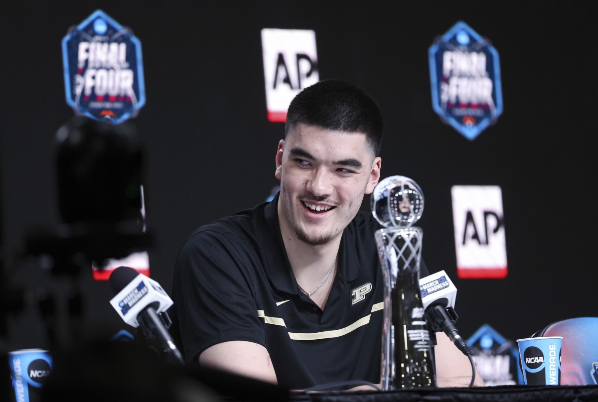 Purdue center Zach Edey smiles at a press conference