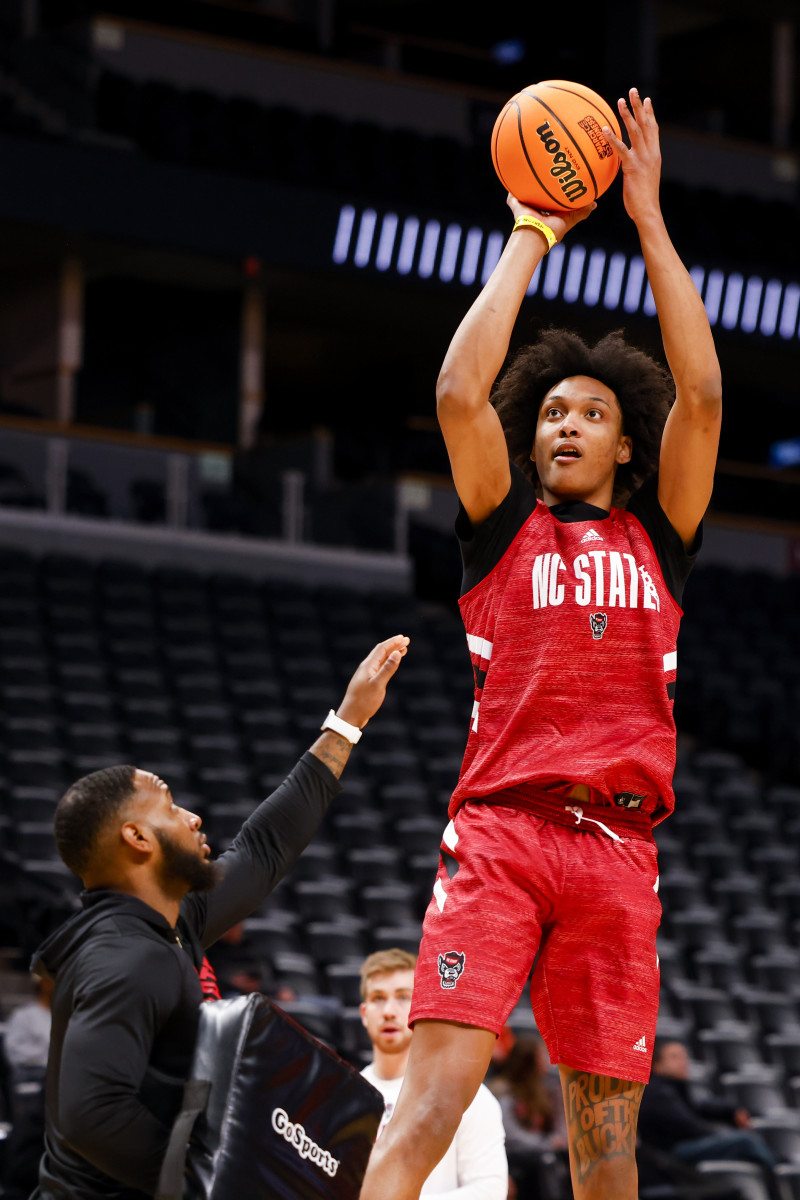 Mar 16, 2023; Denver, CO, USA; North Carolina State Wolfpack forward Isaiah Miranda (3) takes a shot during practice before the first round of the NCAA Tournament at Ball Arena. Mandatory Credit: Michael Ciaglo-USA TODAY Sports