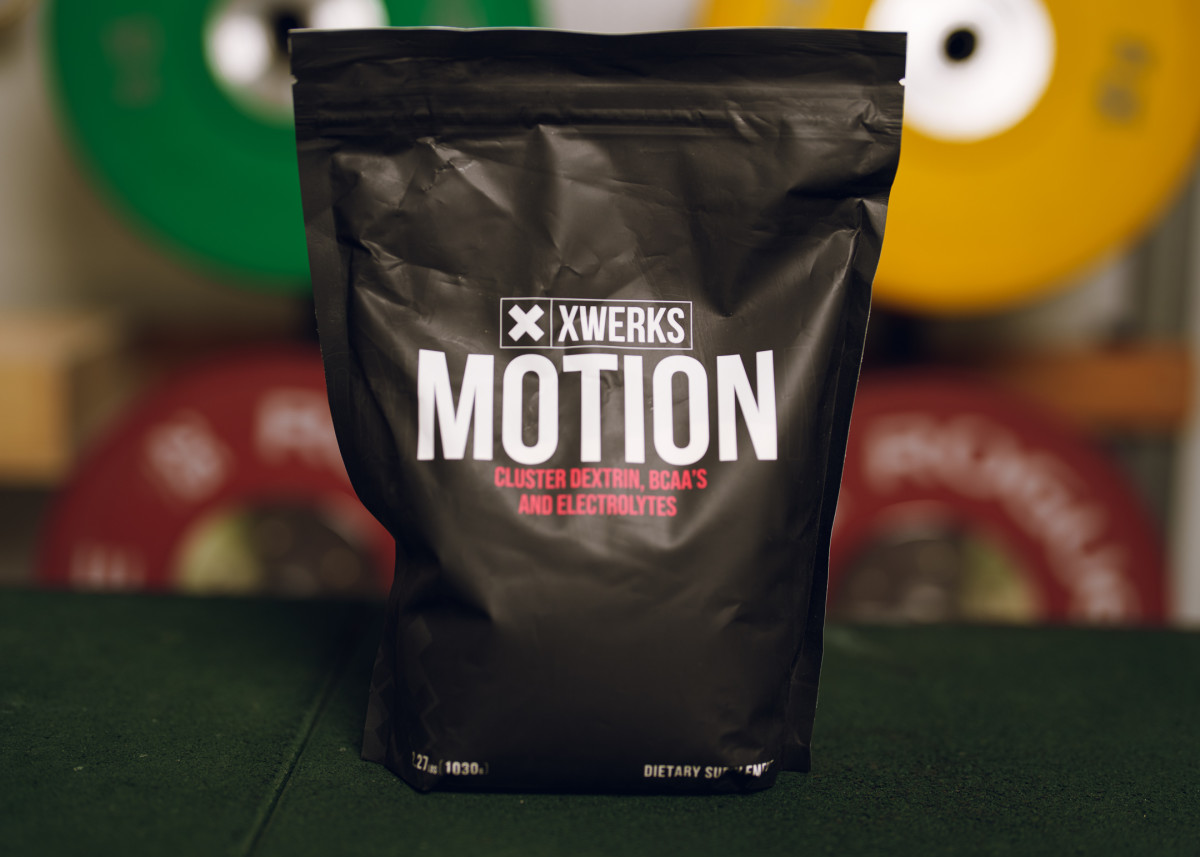A black bag of XWerks Motion cluster dextrin, BCAA and electrolyte supplement