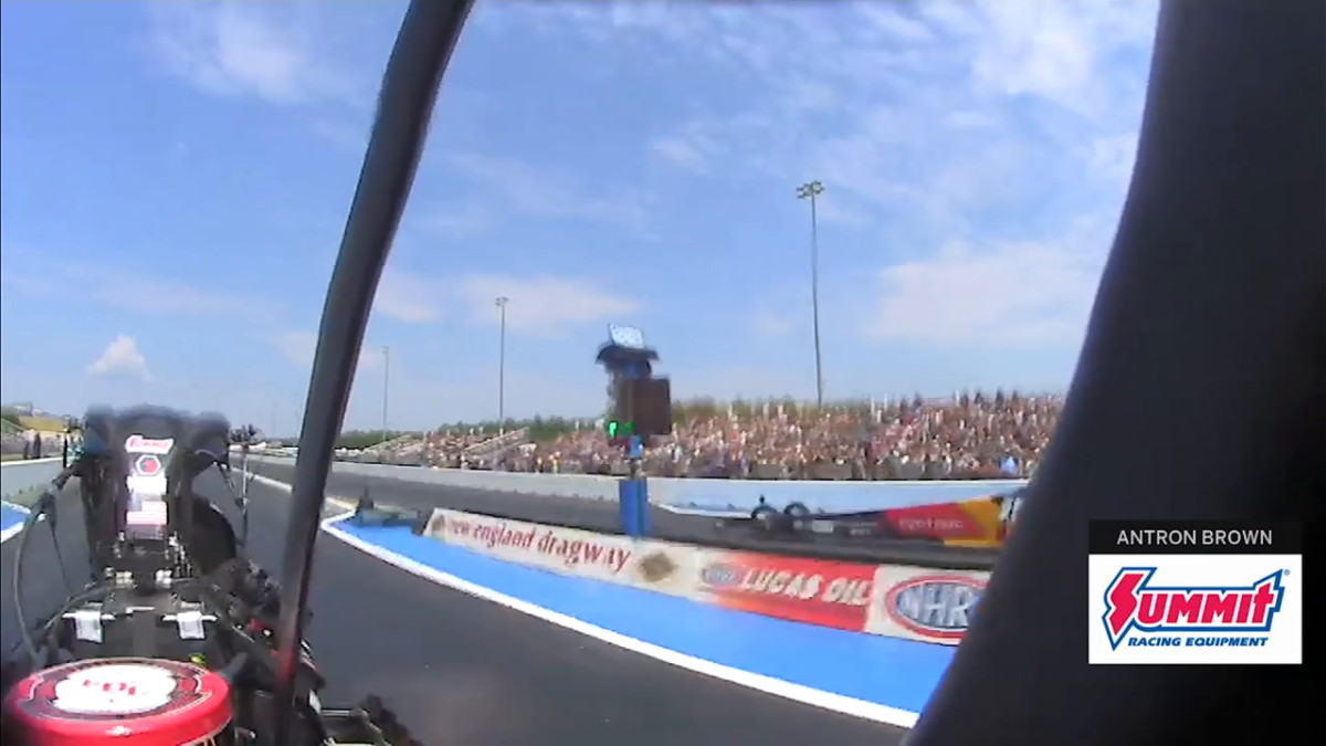 Leah Pruett roars down the dragstrip in Epping, N.H., to take the provisional No. 1 qualifying spot on Friday. There are two more rounds of qualifying on Saturday. Video courtesy NHRA.