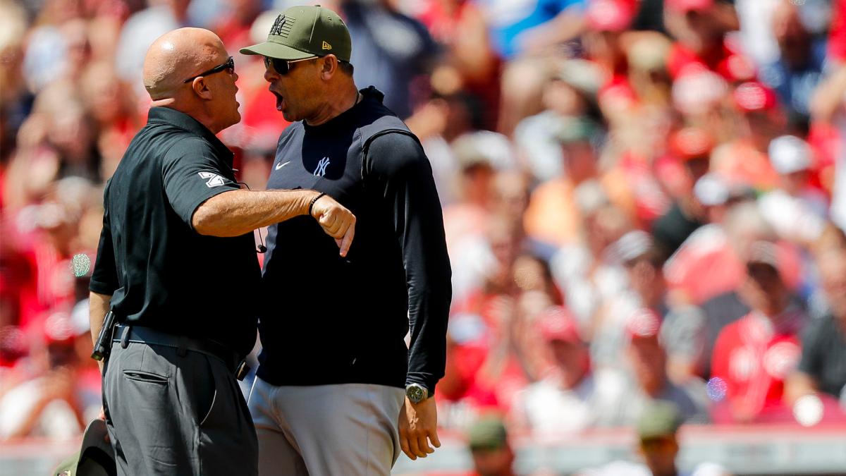 New York Yankees manager Aaron Boone argues with an umpire