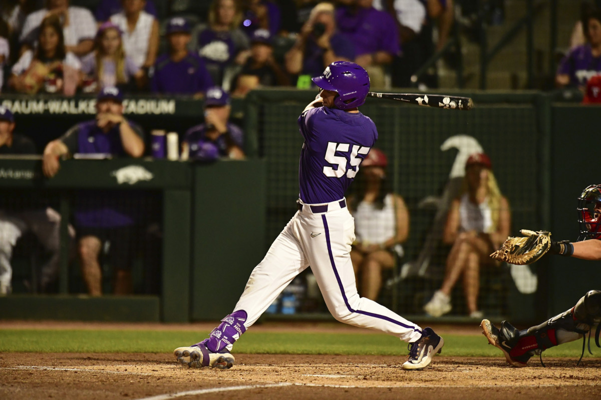 Brayden Taylor bats during the first game of the Fayetteville Regional for the TCU Horned Frogs