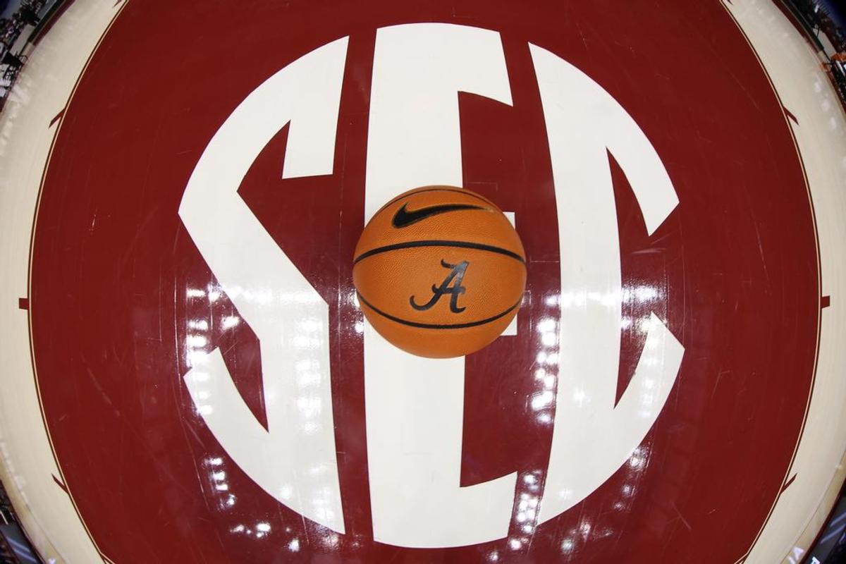 Detail photo of a ball on the SEC logo against Mississippi State at Coleman Coliseum in Tuscaloosa, AL on Wednesday, Jan 25, 2023.