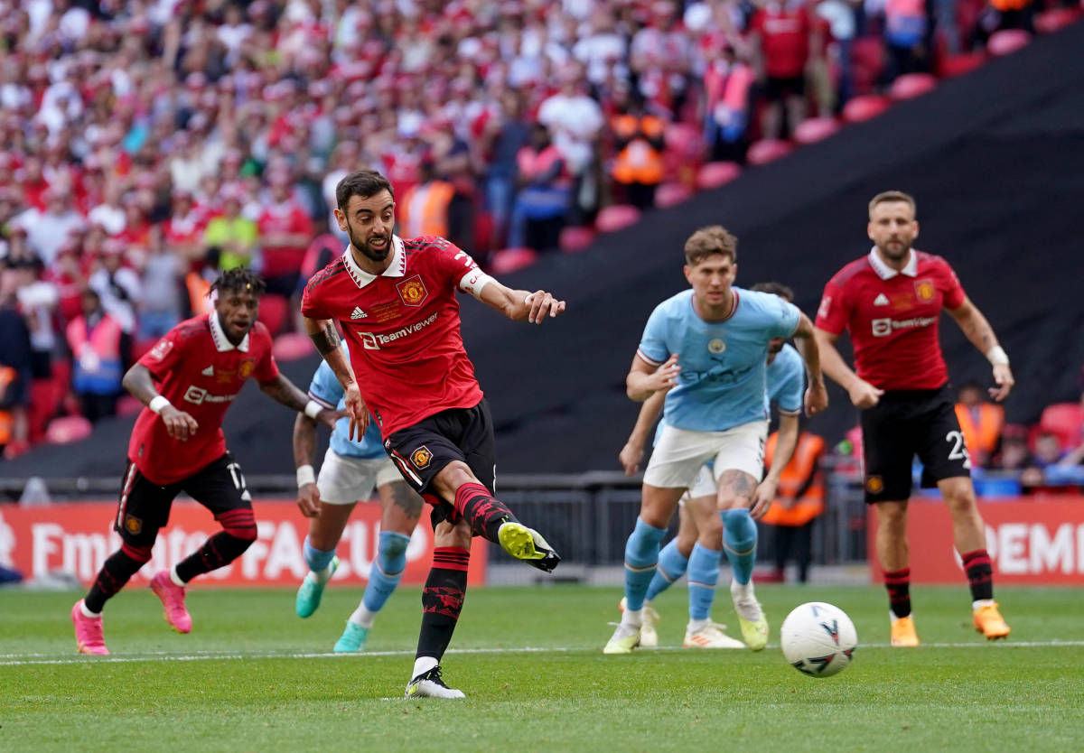 Manchester United's Bruno Fernandes pictured scoring from a penalty kick against Manchester City in the 2023 FA Cup final