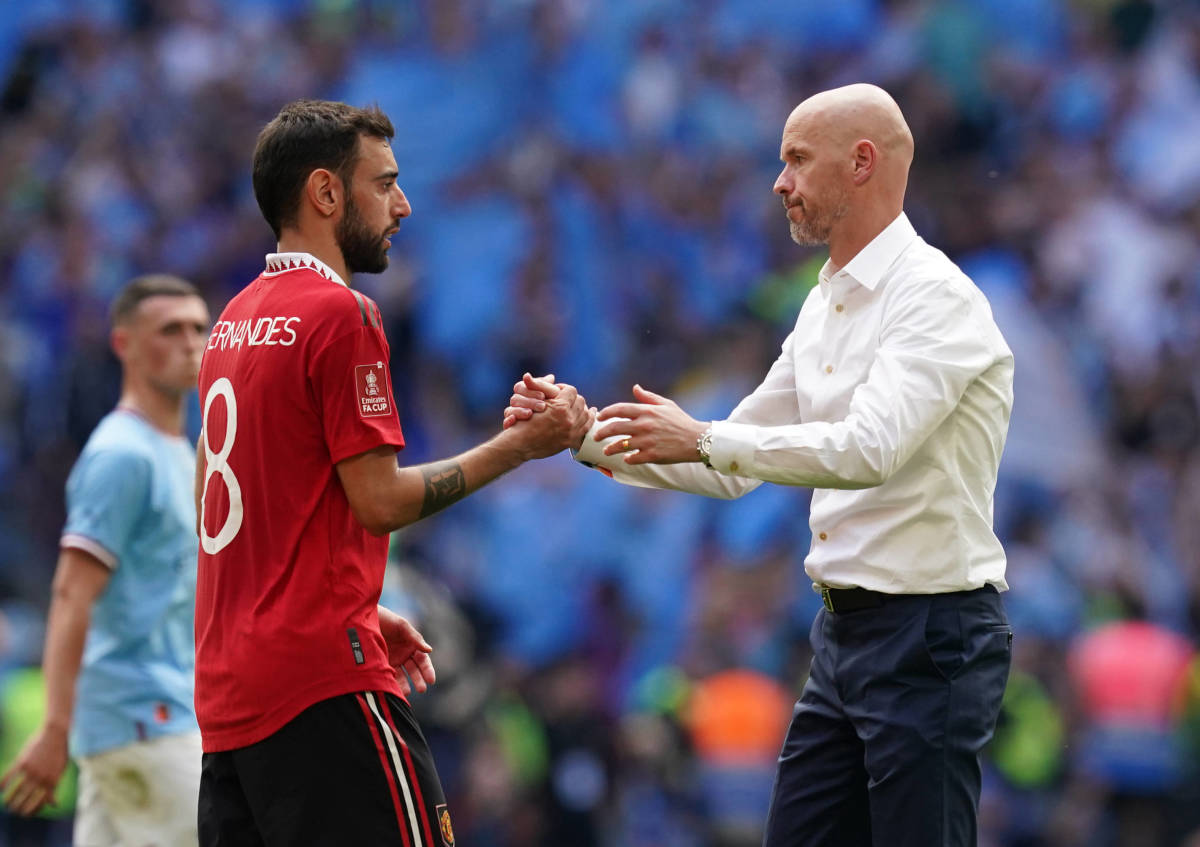 Bruno Fernandes pictured shaking hands with Erik ten Hag (right) after Manchester United's 2-1 loss to Manchester City in the 2023 FA Cup final