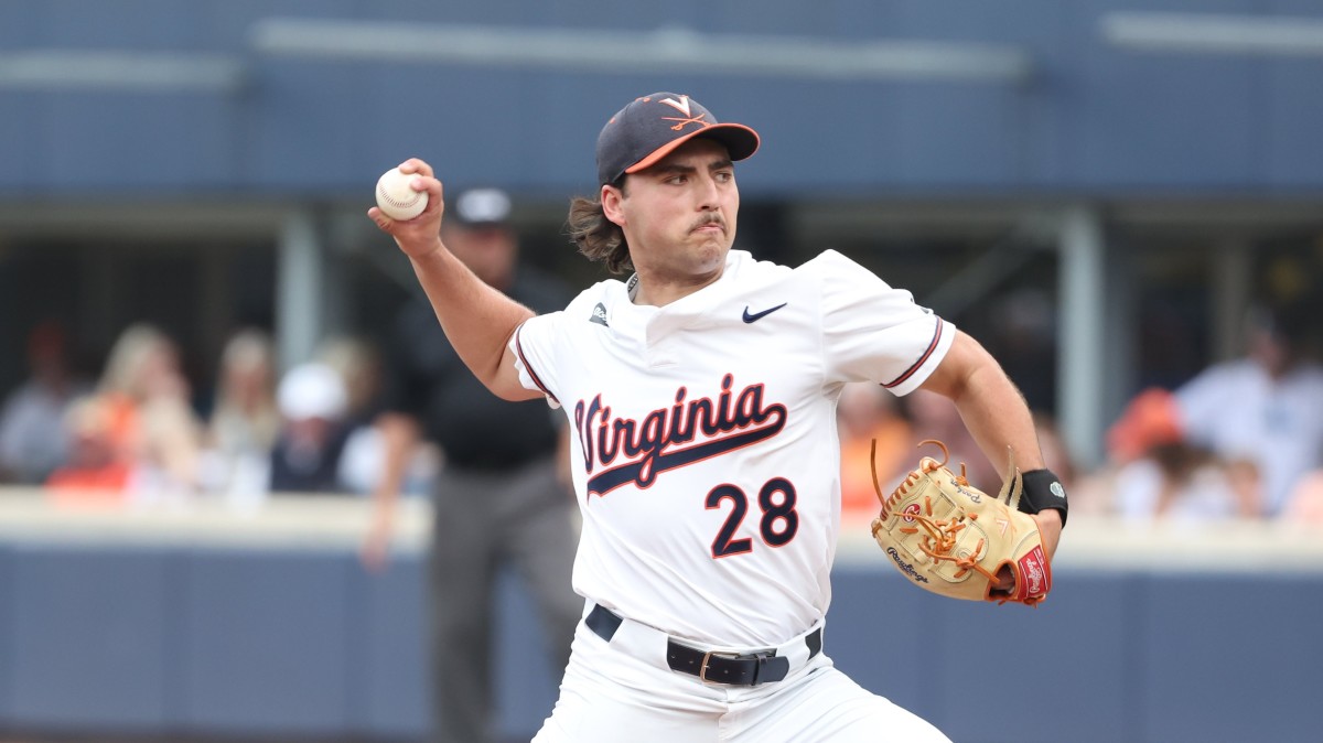 Nick Parker delivers a pitch during the Virginia baseball game against East Carolina in the Charlottesville Regional of the NCAA Baseball Tournament at Disharoon Park.