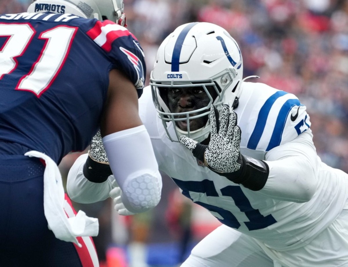 Former Hendricken player, Kwity Paye, of the Indianapolis Colts going up against Patriot TE Jonnu Smith in the first half as the New England Patriots hosts the Indianapolis Colts at Gillette Stadium on Nov 6, 2022.