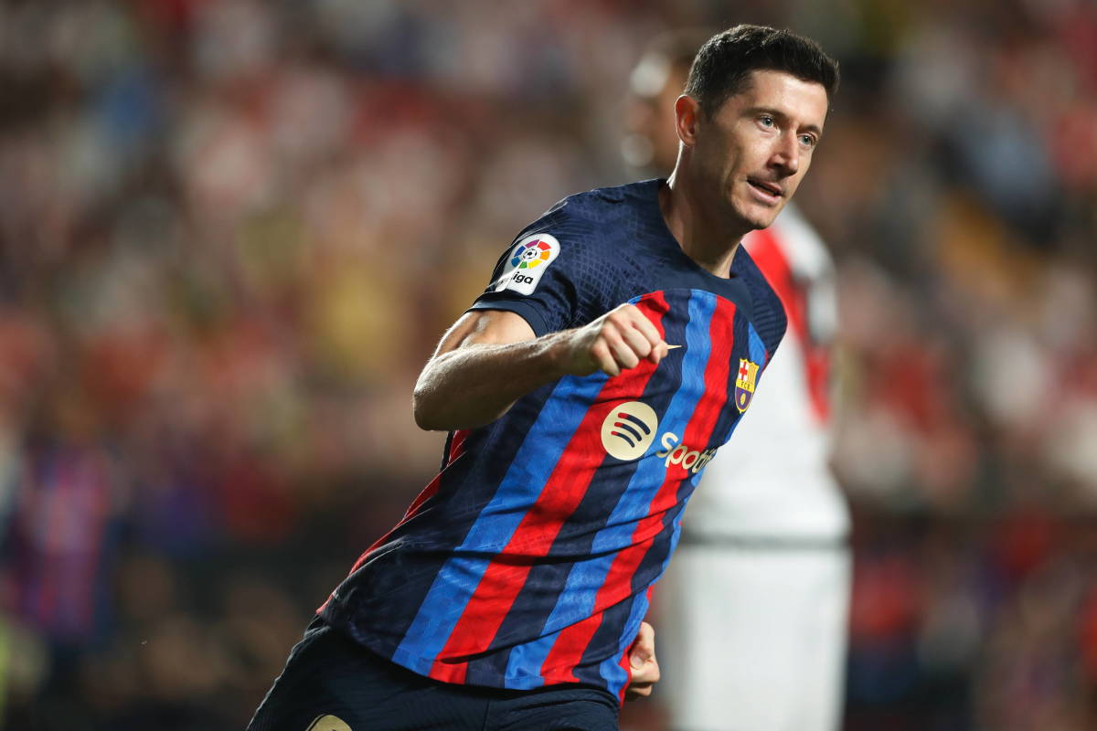 Robert Lewandowski pictured celebrating after scoring a goal for Barcelona against Rayo Vallecano in April 2023