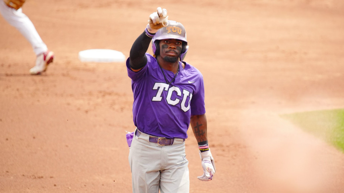 TCU Baseball shortstop Tre Richardson acknowledges the crowd in Fayetteville during a game in which he had two grand slams in the first two innings.