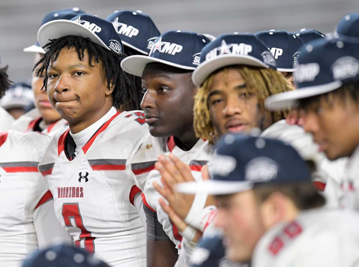 Thompson's Tony Mitchell (3) after defeating Auburn in the AHSAA 7A State Football Championship game at Jordan Hare Stadium in Auburn, Ala., on Wednesday November 30, 2022.