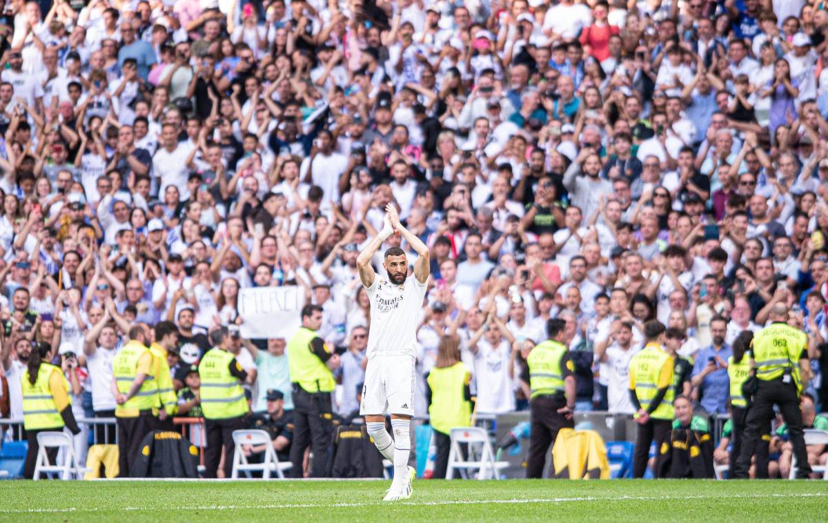 Karim Benzema pictured shortly after scoring a goal for Real Madrid in his final game for the club in June 2023