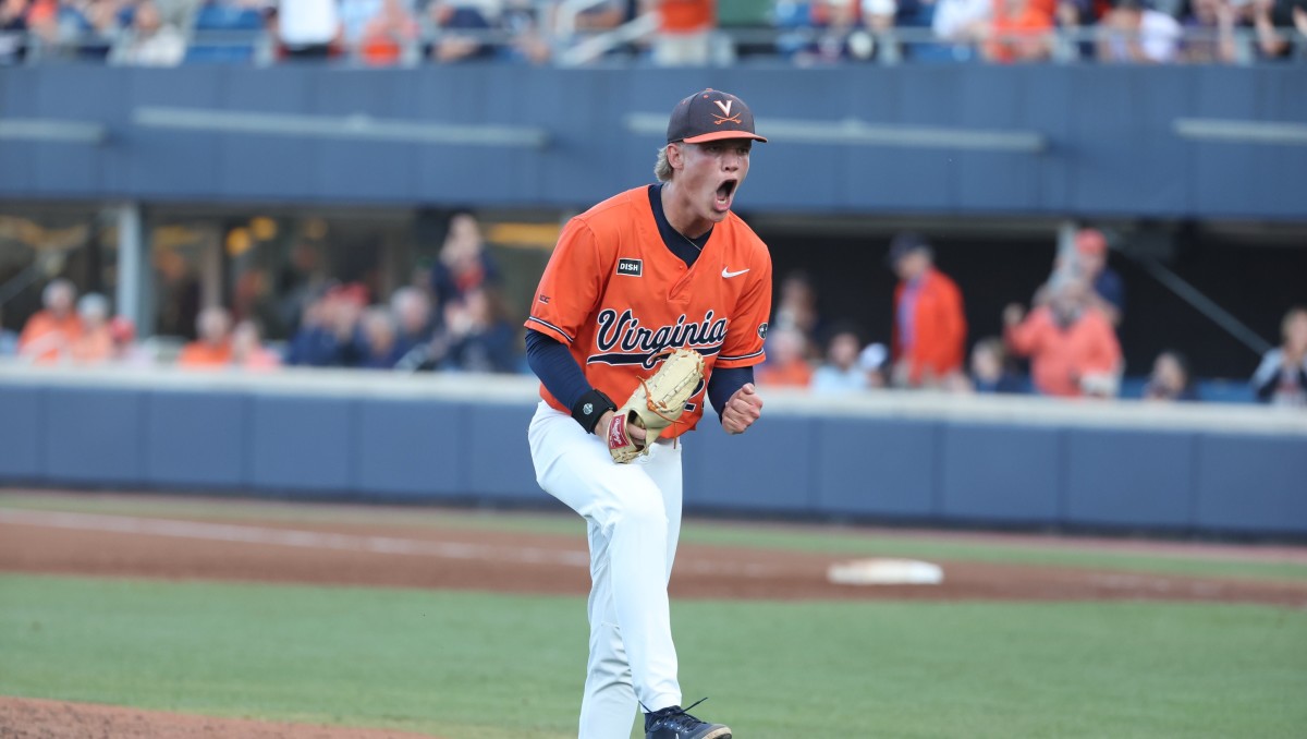 Connelly Early celebrates after a strikeout during the Virginia baseball game against East Carolina in the Charlottesville Regional of the NCAA Baseball Tournament at Disharoon Park.