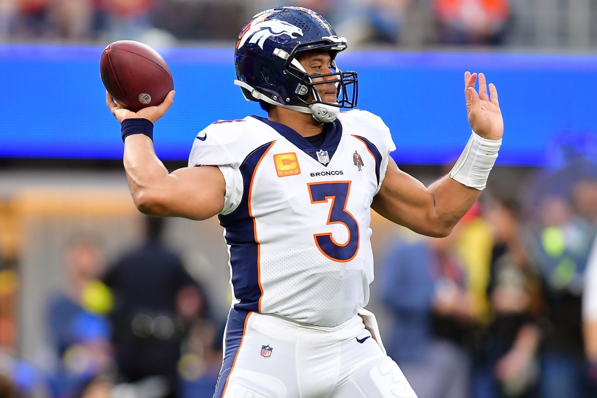 Denver Broncos quarterback Russell Wilson (3) throws against the Los Angeles Rams during the first half at SoFi Stadium.