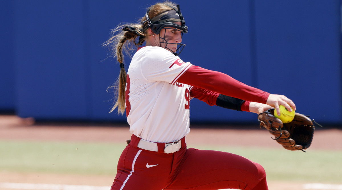 Oklahoma's Jordyn Bahl pitches against Stanford during the Women's College World Series.