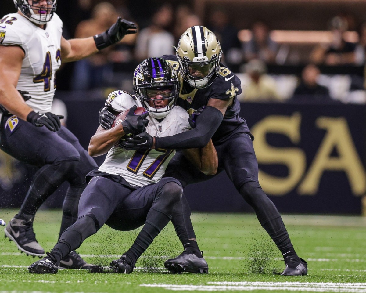 Nov 7, 2022; New Orleans Saints safety Marcus Maye (6) tackles Baltimore Ravens running back Kenyan Drake (17). Mandatory Credit: Stephen Lew-USA TODAY Sports