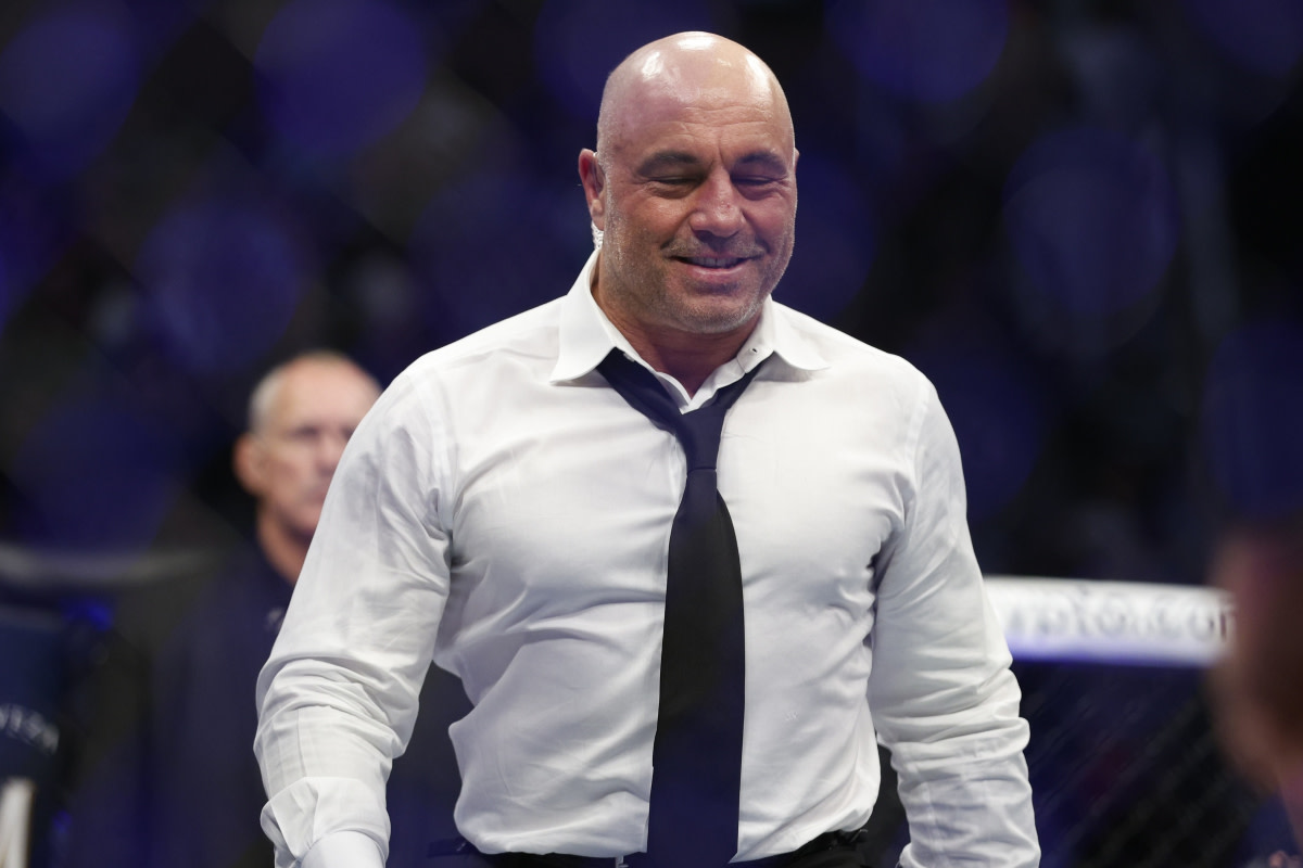 UFC color commentator Joe Rogan inside the Octagon for a post-fight interview.