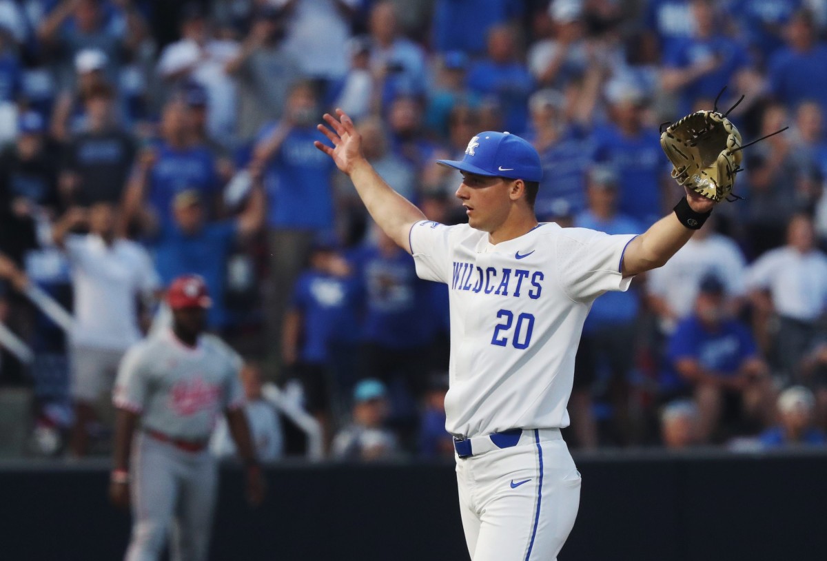 UK's Mason Moore (20) reacted after he delivered the last pitch to secure a 4-2 victory against Indiana during the NCAA Regional final in Lexington Ky. on June 5, 2023. The win earned UK a spot in the upcoming Super Regional in Louisiana.