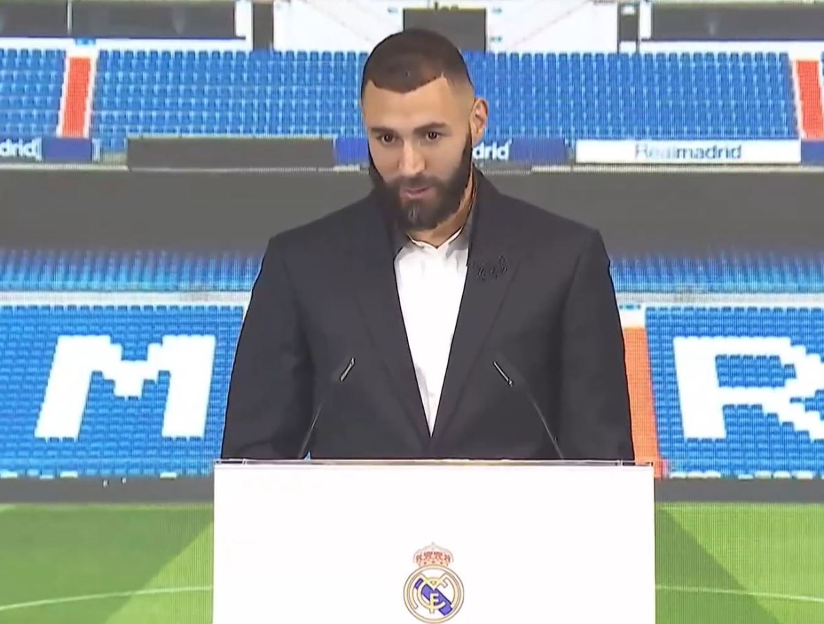 Karim Benzema pictured speaking at his farewell ceremony after announcing his decision to leave Real Madrid in 2023