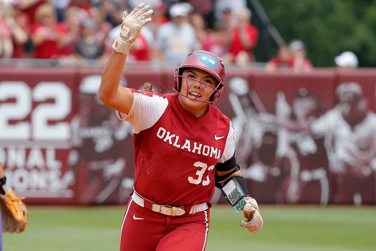 Oklahoma’s Alyssa Brito celebrates while rounding the bases after hitting a home run