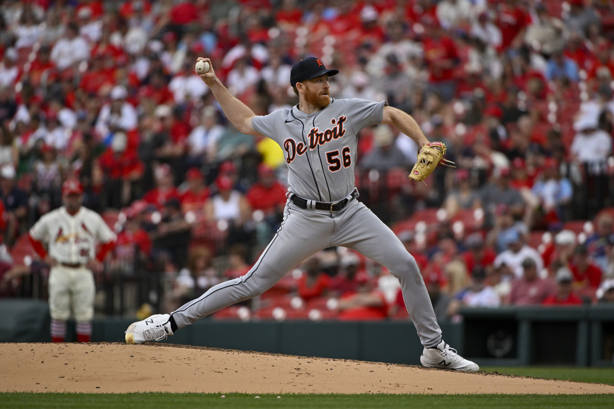 May 6, 2023; St. Louis, Missouri, USA; Detroit Tigers starting pitcher Spencer Turnbull (56) pitches against the St. Louis Cardinals during the third inning at Busch Stadium.