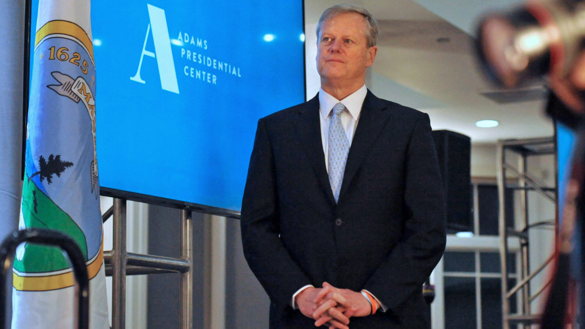 Charlie Baker listens to remarks prior to being presented with the Adams Award during the Adams Presidential Center fundraiser gala.