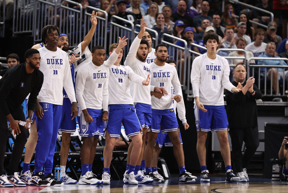 Mar 18, 2023; Orlando, FL, USA; Duke Blue Devils players celebrate a basket against the Tennessee Volunteers during the first half in the second round of the 2023 NCAA Tournament at Legacy Arena. Mandatory Credit: Matt Pendleton-USA TODAY Sports