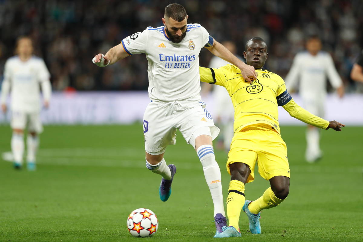 N'Golo Kante (right) and Karim Benzema pictured battling for the ball during a game between Real Madrid and Chelsea in April 2022