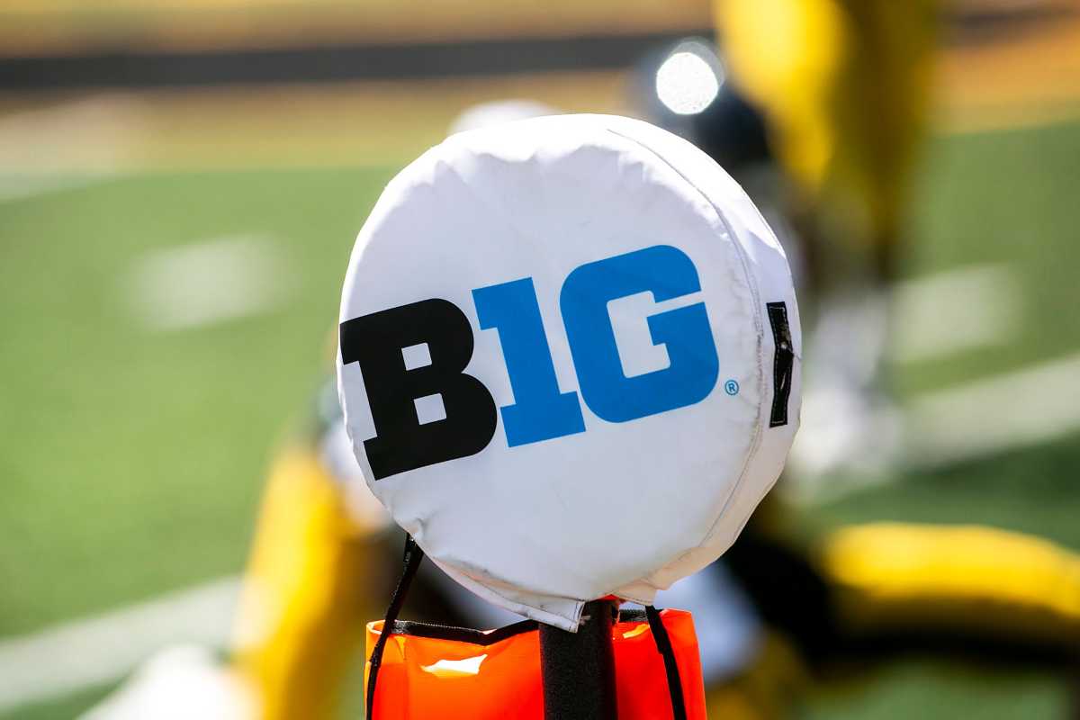 The logo of the Big Ten Conference is seen on a yard marker during Iowa Hawkeyes football Kids Day at Kinnick open practice, Saturday, Aug. 14, 2021, at Kinnick Stadium in Iowa City, Iowa. 210814 Ia Fb Kids Day 109 Jpg
