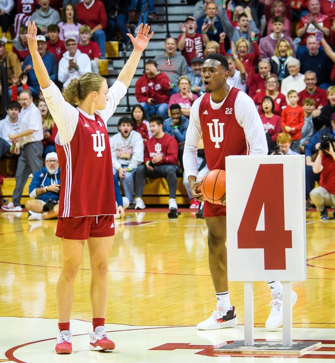 Indiana's Grace Berger and Jordan Geronimo celebrate her make of the half-court shot in the skills contest during Hoosier Hysteria for the basketball programs at Simon Skjodt Assembly Hall on Friday, Oct. 7, 2022.