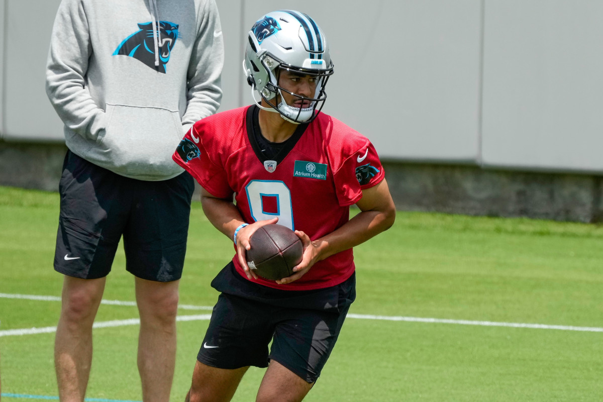 May 12, 2023; Charlotte, NC, USA; Carolina Panthers quarterback Bryce Young (9) takes the snap during the Carolina Panthers rookie camp at the Atrium Practice Facility in Charlotte, NC.Mandatory Credit: Jim Dedmon-USA TODAY Sports