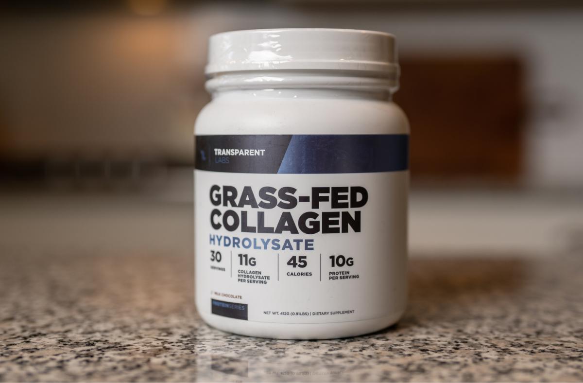 30-serving tub of Transparent Labs Grass-Fed Collagen powder in Chocolate flavor