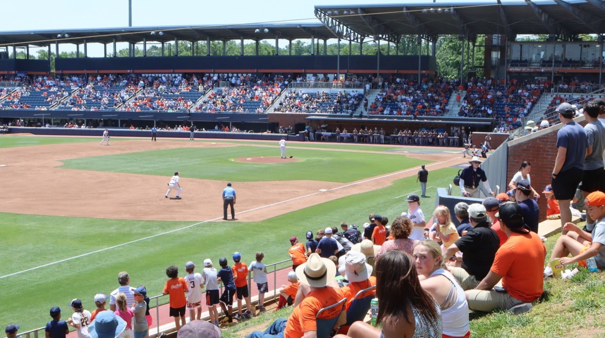 Fans watch as the Virginia baseball team plays against Army in the Charlottesville Regional of the NCAA Baseball Tournament at Disharoon Park.
