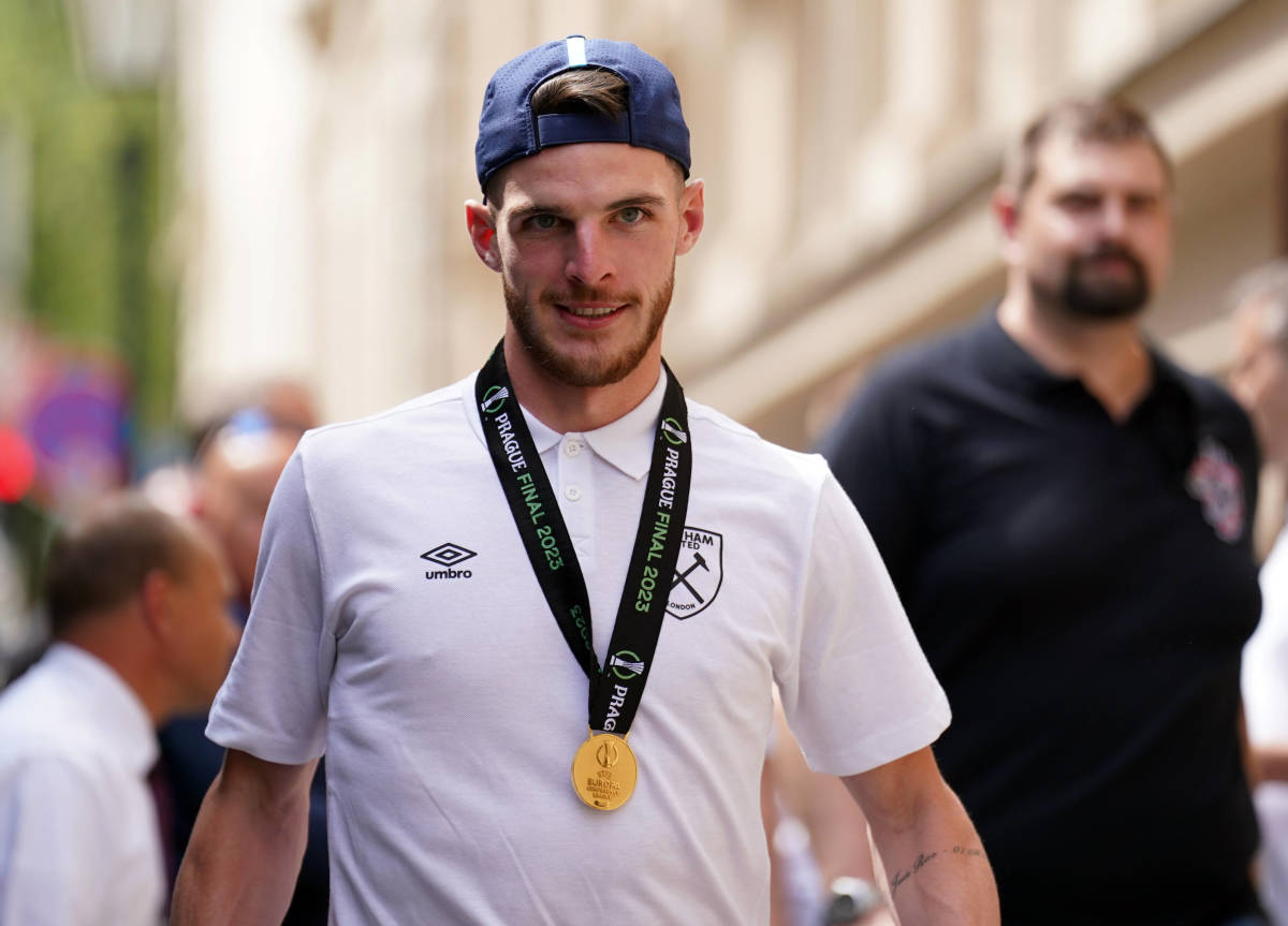 Declan Rice pictured wearing his UEFA Europa Conference League winners medal the day after leading West Ham to victory over Fiorentina in the 2023 final in Prague