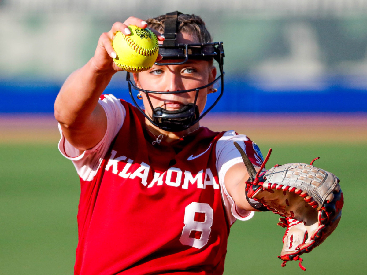 Oklahoma pitcher Alex Storako pitches in the first inning of Game 2 of the Women's College World Series finals.