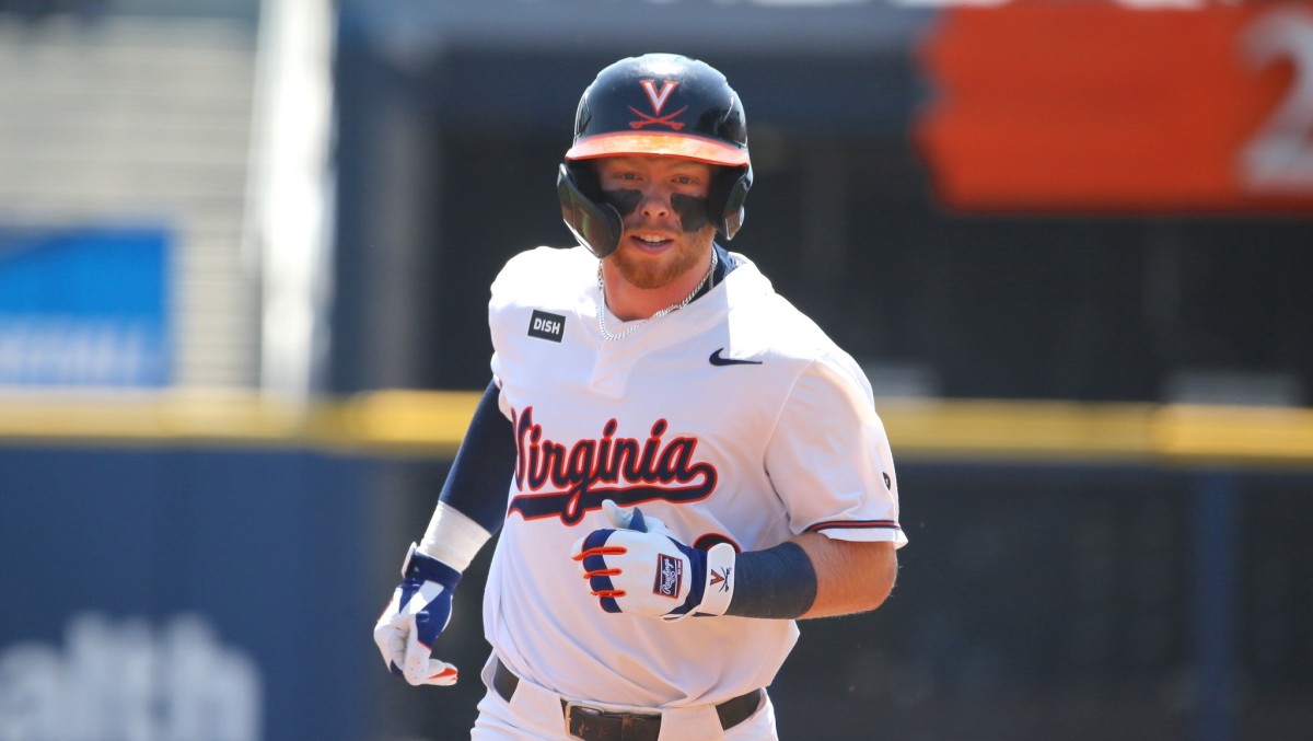 Ethan Anderson rounds the basepaths after hitting a home run during the Virginia baseball game against Army in the Charlottesville Regional of the NCAA Baseball Tournament at Disharoon Park.