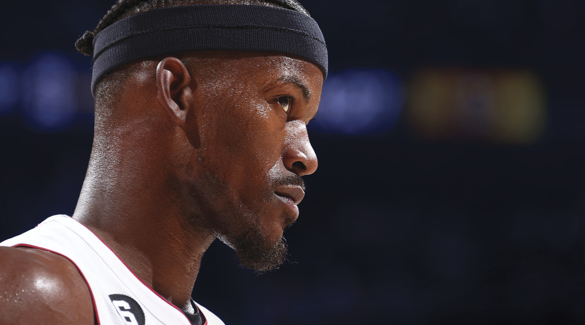 Jimmy Butler looks toward the basket during Game 1 of the NBA Finals