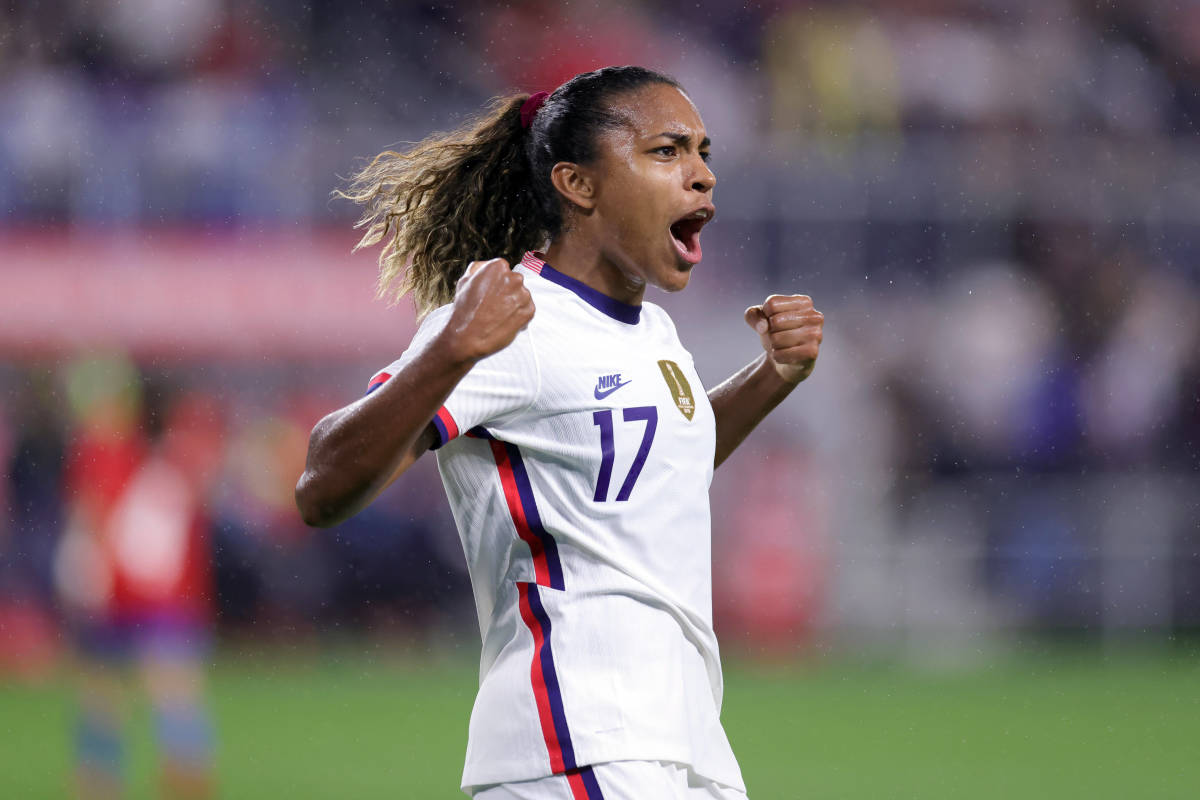 Catarina Macario pictured in September 2021 after scoring a goal for the USWNT against Paraguay in Cincinnati