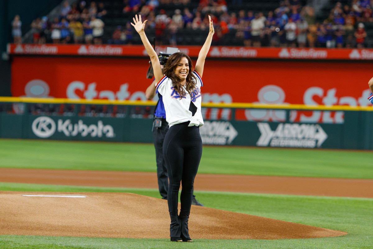 Jun 7, 2023; Arlington, Texas, USA; Eva Longoria throws the first pitch prior to the game between the Texas Rangers and St. Louis Cardinals at Globe Life Field. Mandatory Credit: Andrew Dieb-USA TODAY Sports
