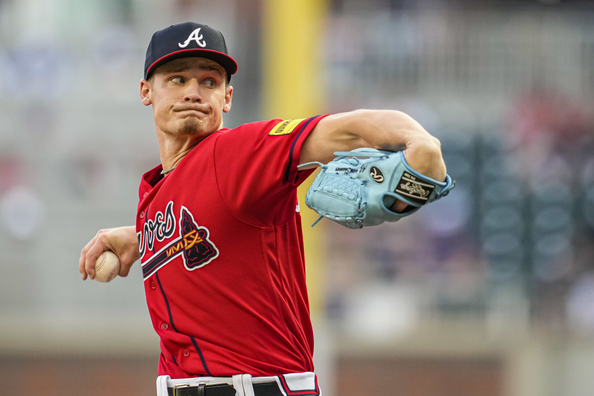 Jun 9, 2023; Cumberland, Georgia, USA; Atlanta Braves starting pitcher AJ Smith-Shawver (62) makes his first start pitching against the Washington Nationals during the first inning at Truist Park.