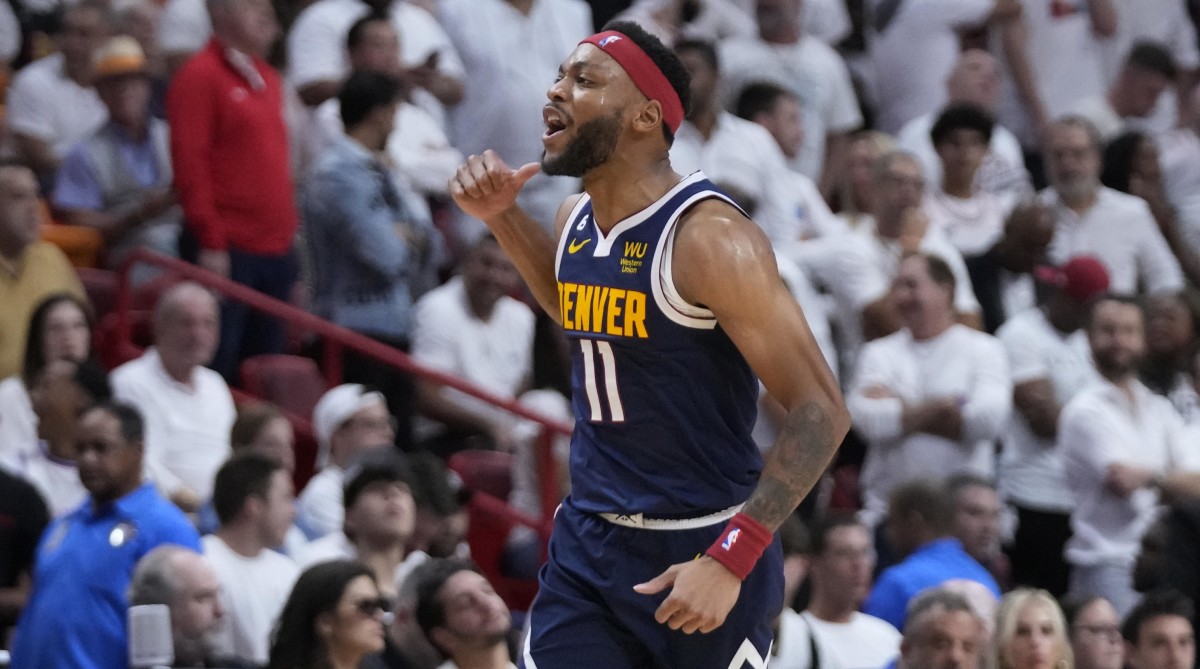 Nuggets guard Bruce Brown celebrates after making a shot in the NBA Finals vs. the Heat.
