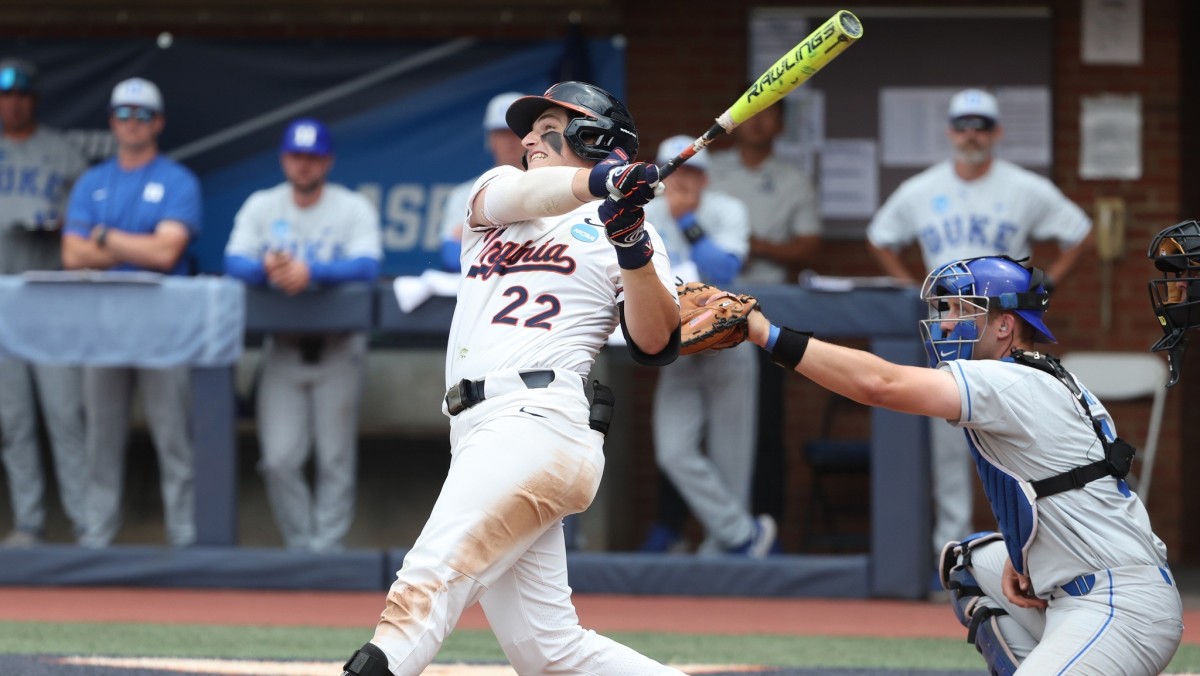 Jake Gelof swings at a pitch during the Virginia baseball game against Duke in the Super Regional of the NCAA Baseball Tournament at Disharoon Park.