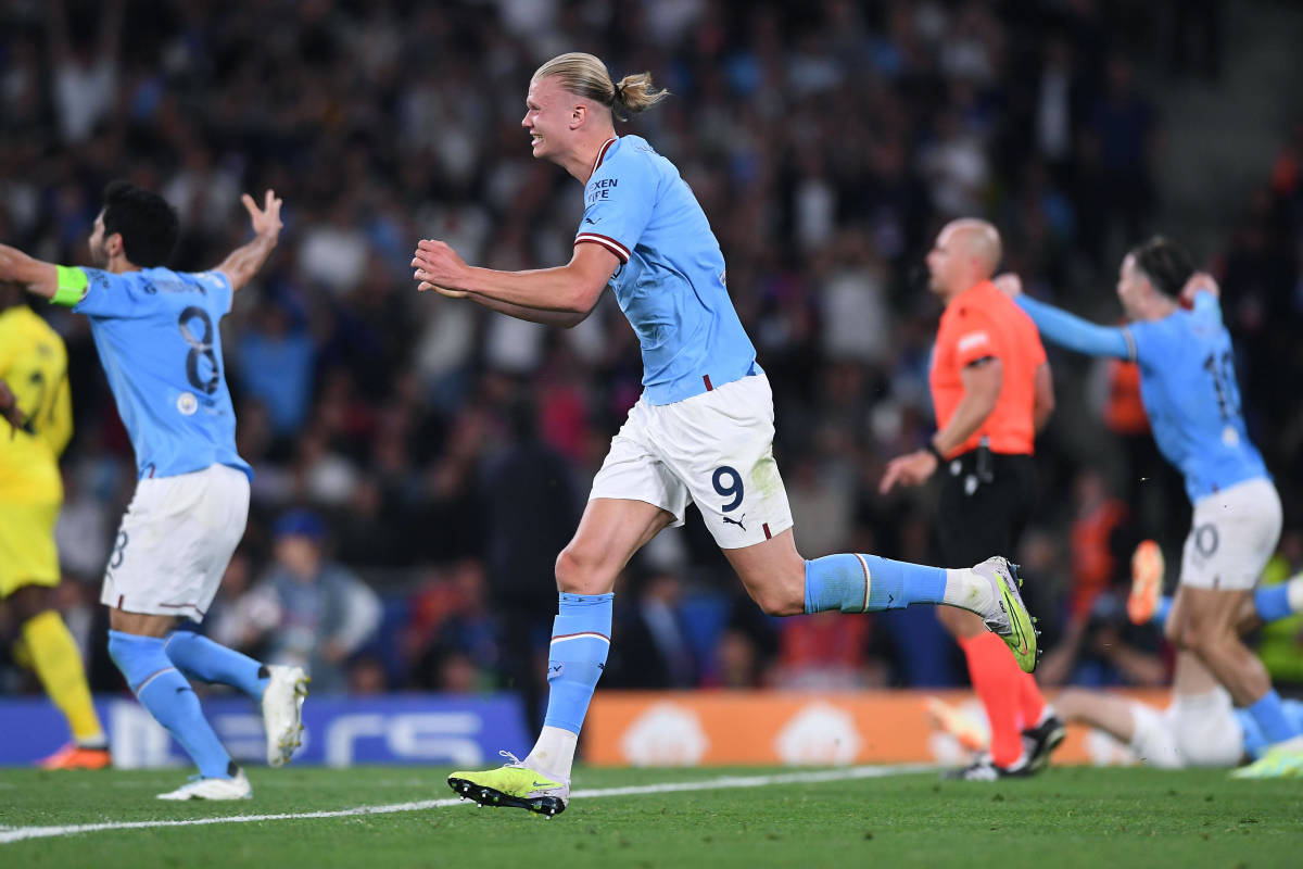 Erling Haaland pictured celebrating during Manchester City's 1-0 win over Inter Milan in the final of the 2022/23 UEFA Champions League