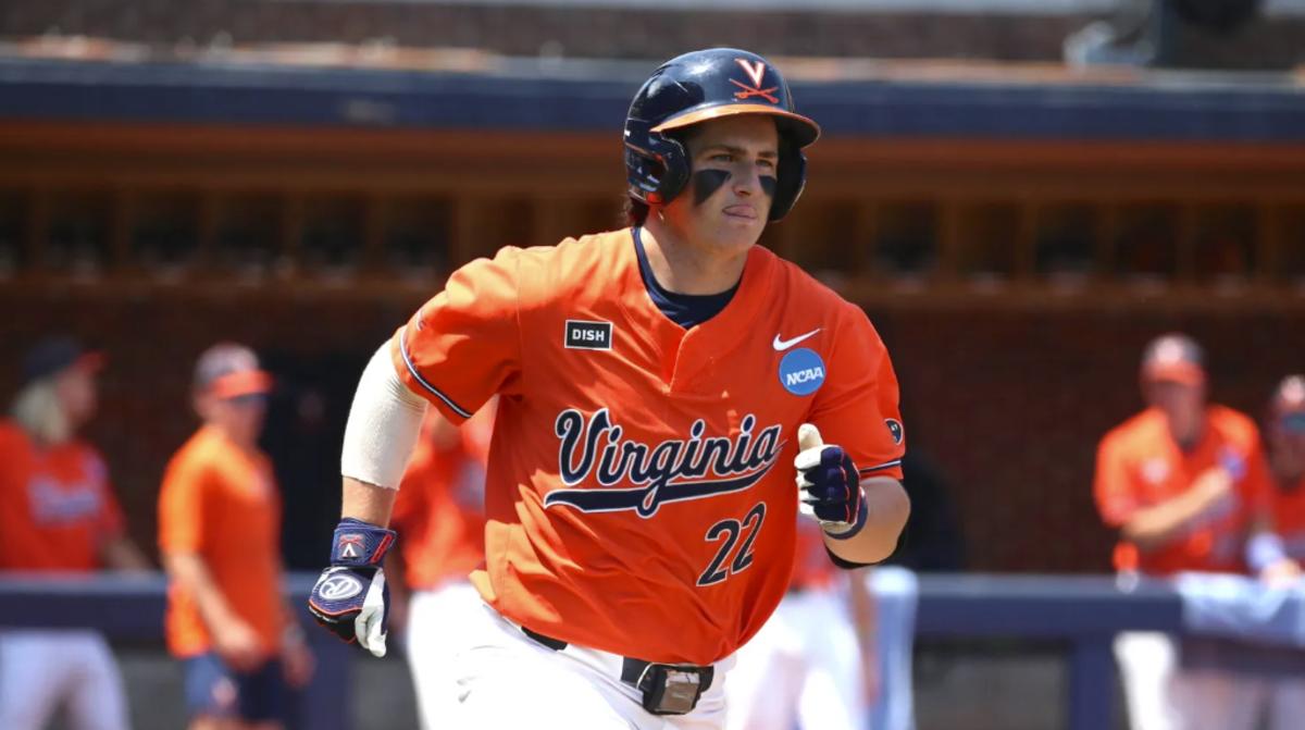 Jake Gelof runs after hitting a home run during the Virginia baseball game against Duke in game 2 of the Charlottesville Super Regional at the NCAA Baseball Tournament at Disharoon Park.