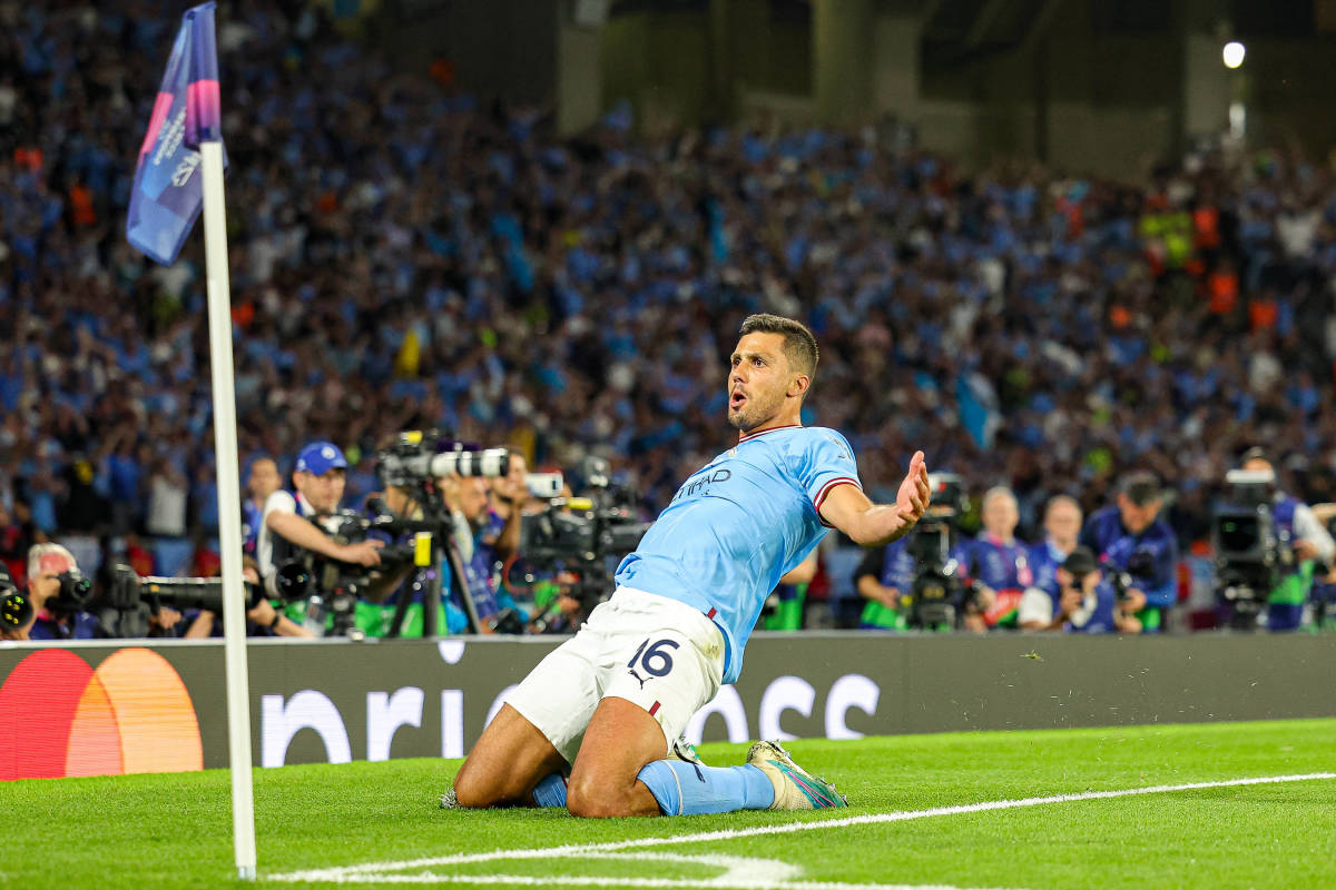 Midfielder Rodri pictured celebrating after scoring for Manchester City against Inter Milan in the 2023 UEFA Champions League final