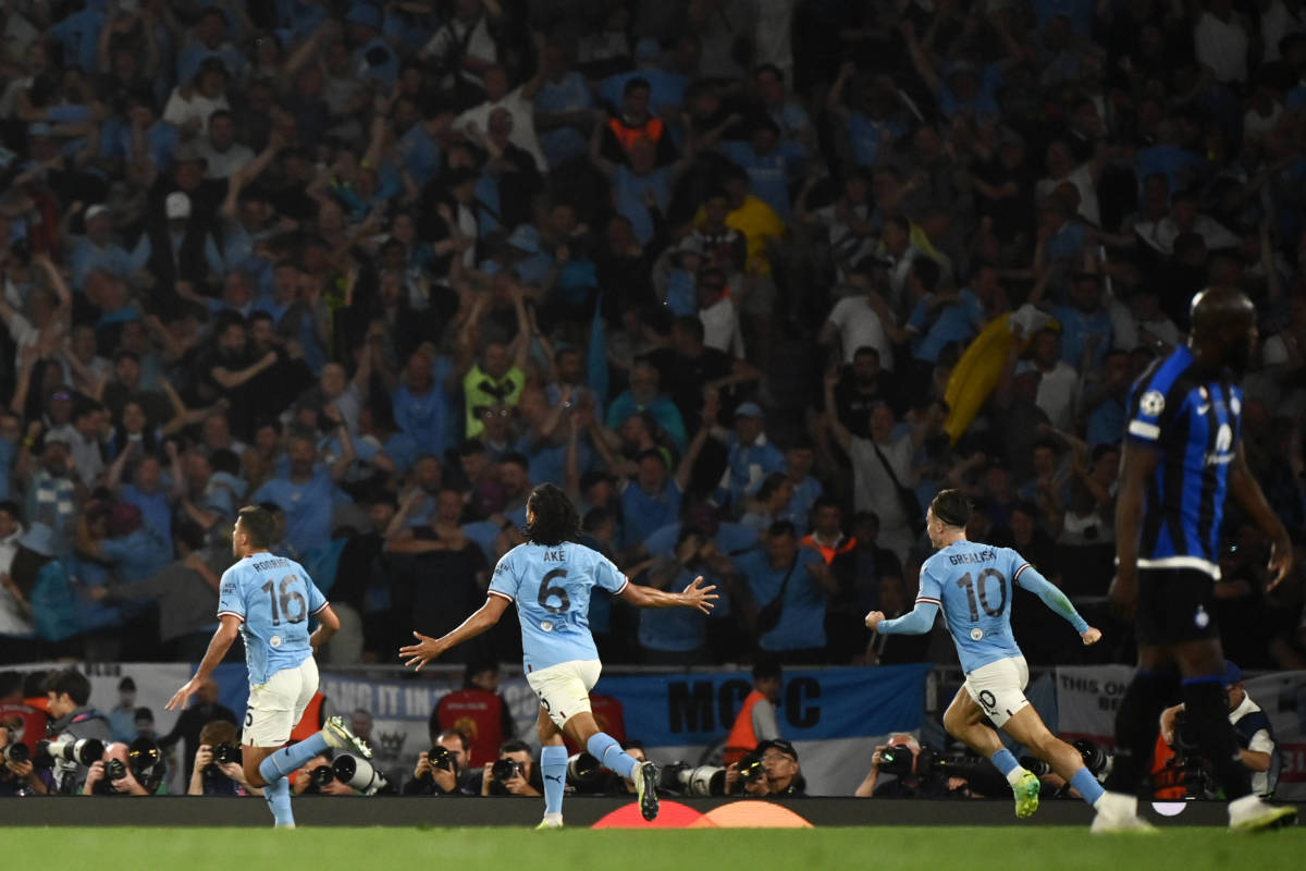 Manchester City's players and fans pictured celebrating after Rodri (left) scored the winning goal against Inter Milan in the 2023 UEFA Champions League final
