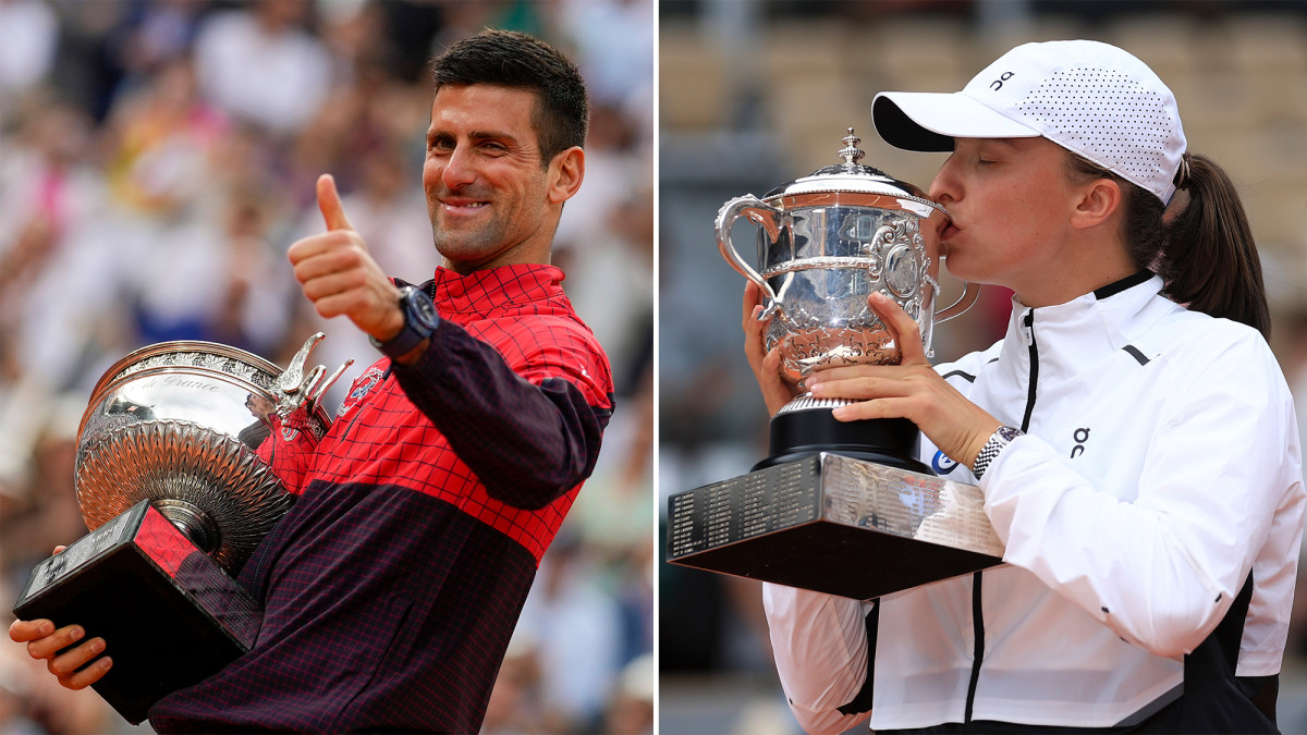 Novak Djokovic and Iga Swiatek with French Open trophies.
