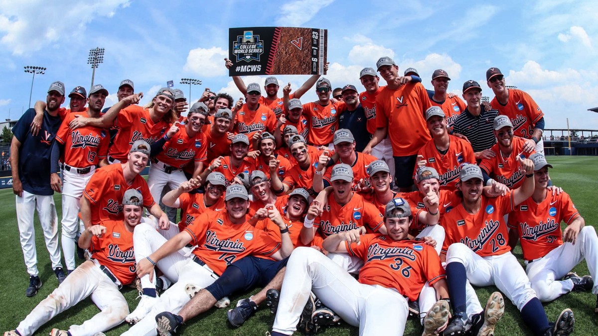 The Virginia baseball team celebrates after securing a berth in the 2023 NCAA Baseball College World Series with its 12-2 win over Duke in game 3 of the Charlottesville Super Regional at Disharoon Park.