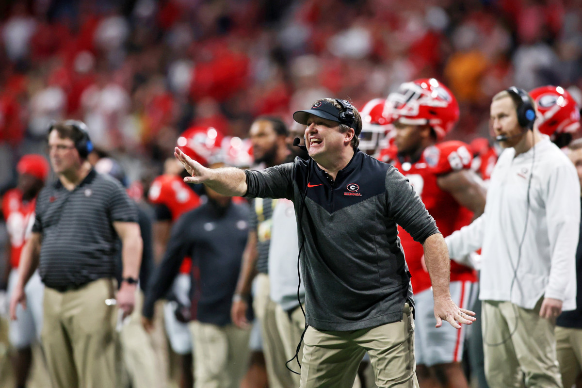 Georgia Bulldogs head coach Kirby Smart gestures against the Ohio State Buckeyes during the third quarter of the 2022 Peach Bowl at Mercedes-Benz Stadium. Mandatory Credit: Brett Davis-USA TODAY