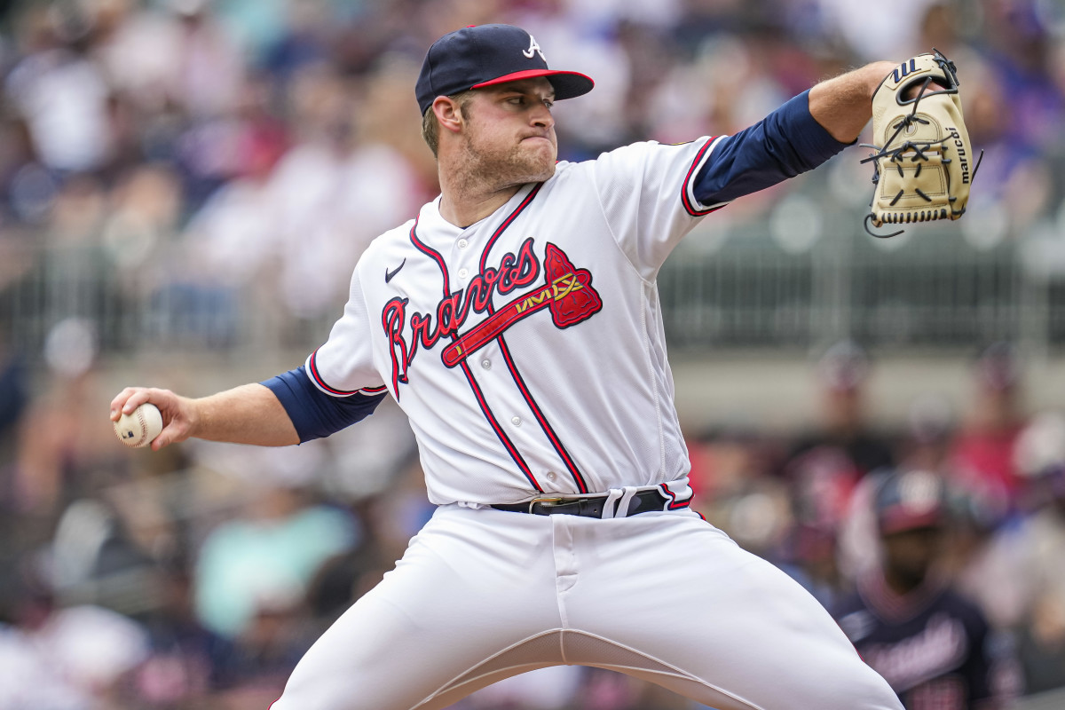 Jun 11, 2023; Cumberland, Georgia, USA; Atlanta Braves starting pitcher Bryce Elder (55) pitches against the Washington Nationals during the first inning at Truist Park.