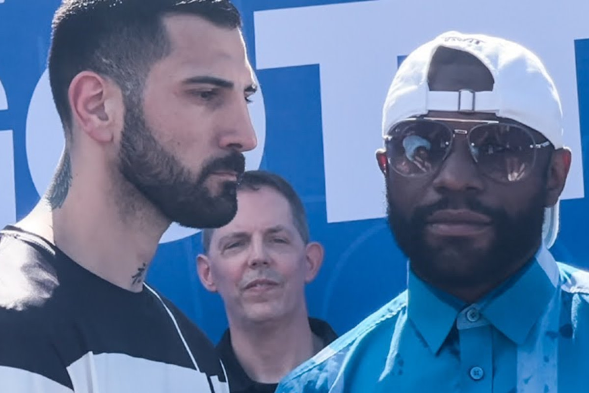 Floyd Mayweather (right) and John Gotti III (left) have a stare down ahead of their exhibition boxing match in Sunrise, Florida.